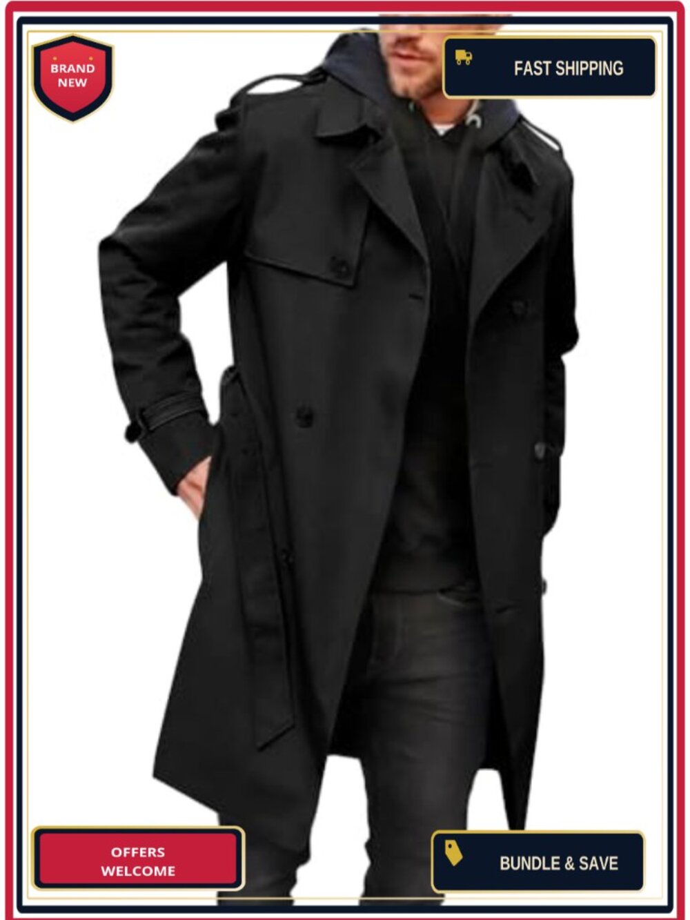 Men's Long Trench Coat Double-Breasted Belted Windproof Jacket